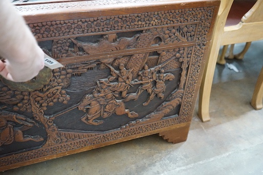 A Chinese carved camphorwood coffer, length 103cm, depth 52cm, height 59cm